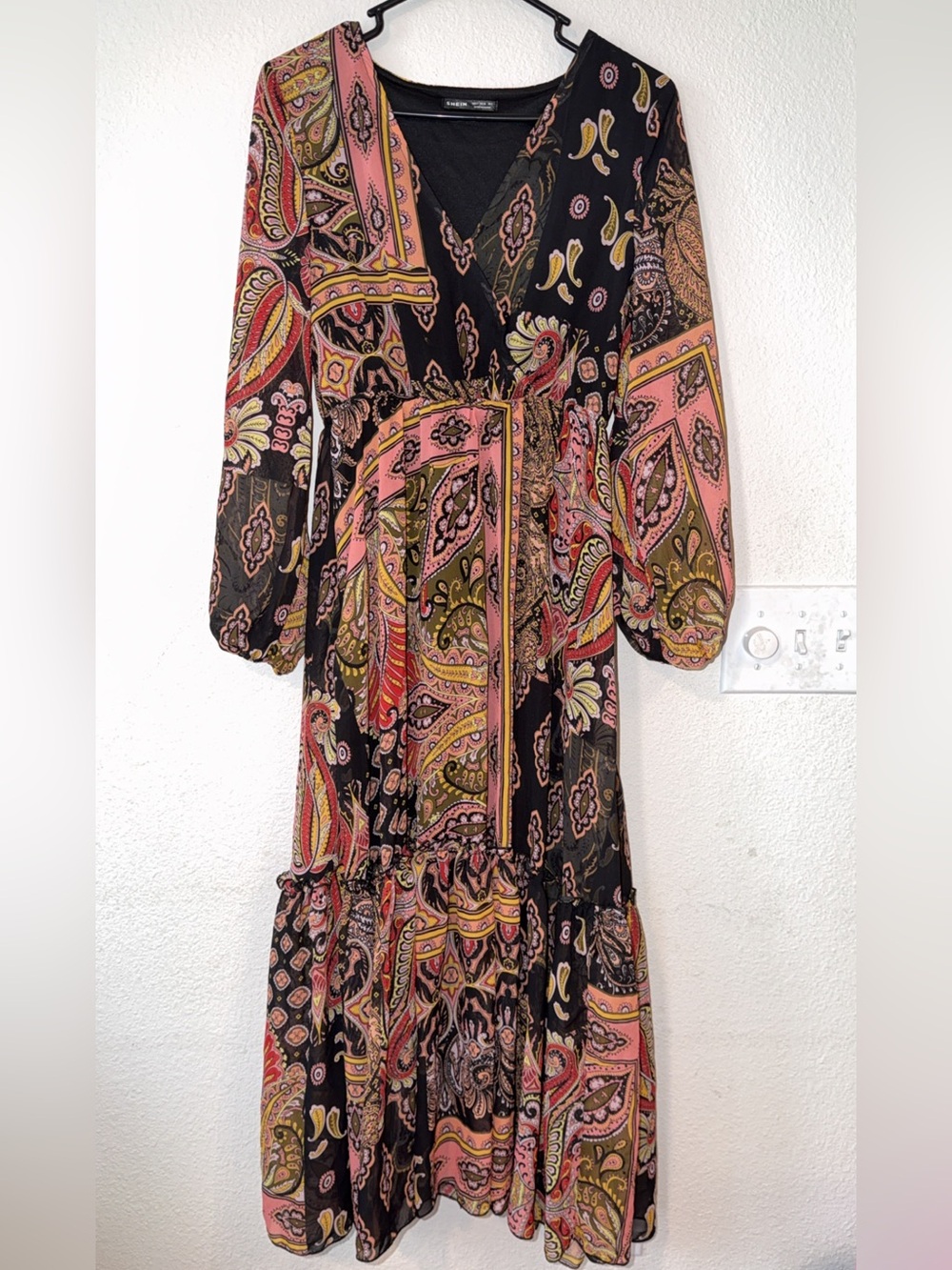 Black Paisley Print Maxi Dress with Pink & Olive Accents